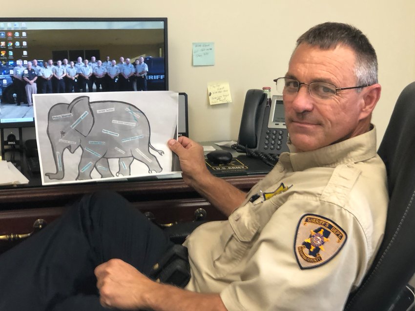 Neshoba County Sheriff Eric Clark sits at his desk showing his 'to-do' list sectioned off to eat the elephant one chore at a time.
